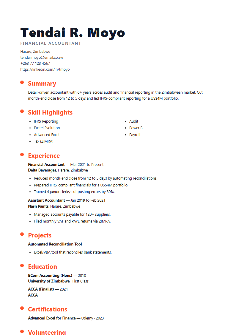 Orange timeline CV template preview